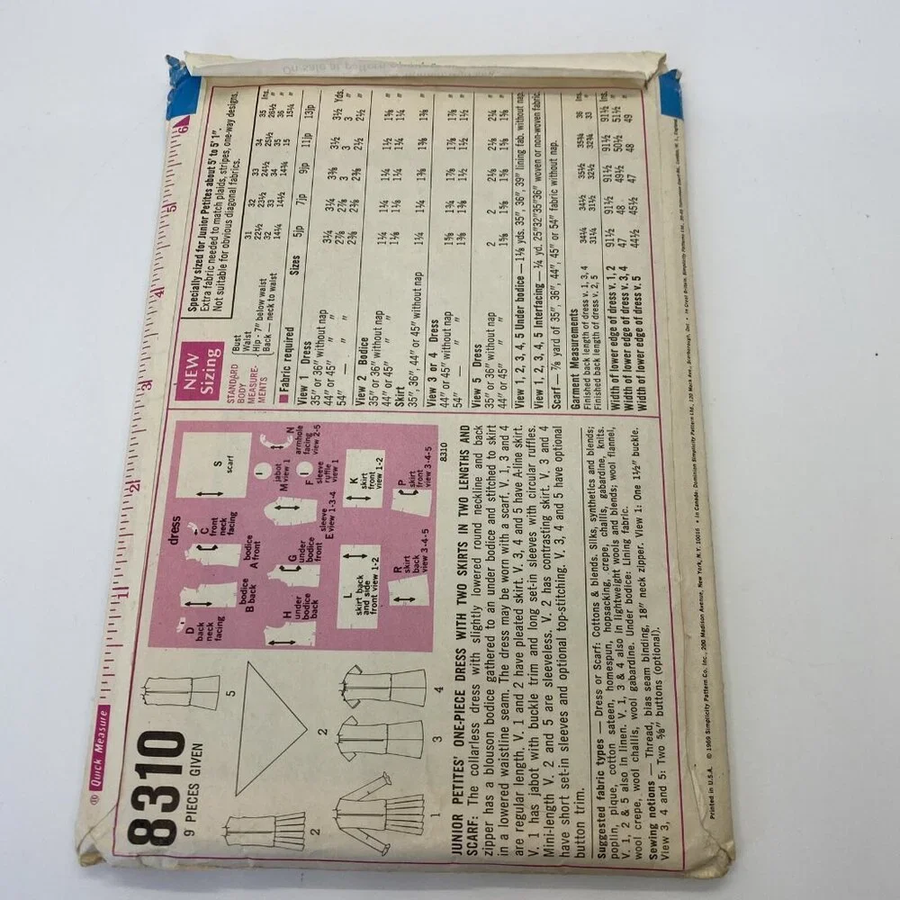 Simplicity 8310 Junior Petite Dress Skirt Scarf Size 5JP Breast 31 Vintage